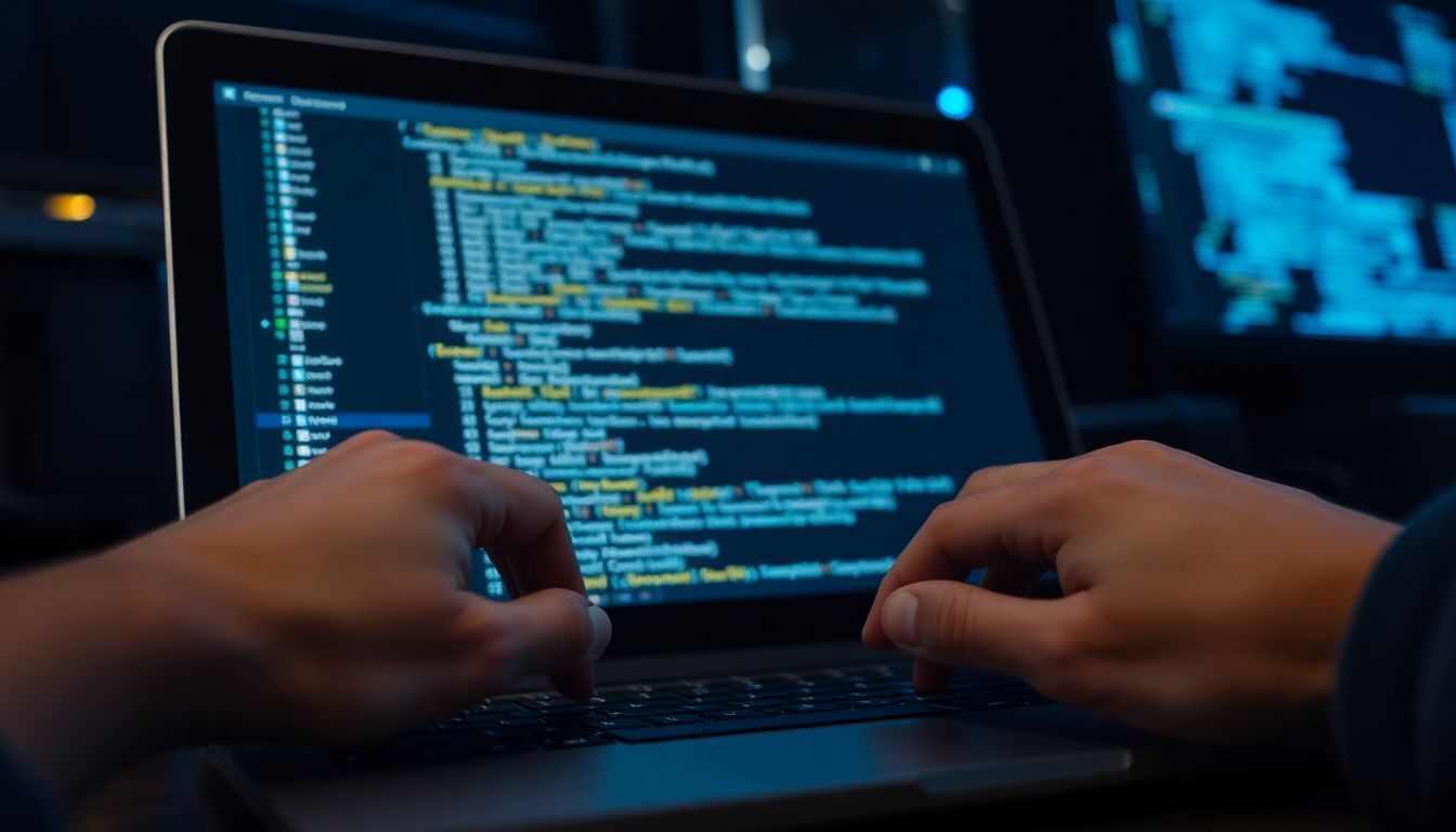 서버 유지보수와 시스템 업데이트 작업을 수행하는 전문가의 손과 화면