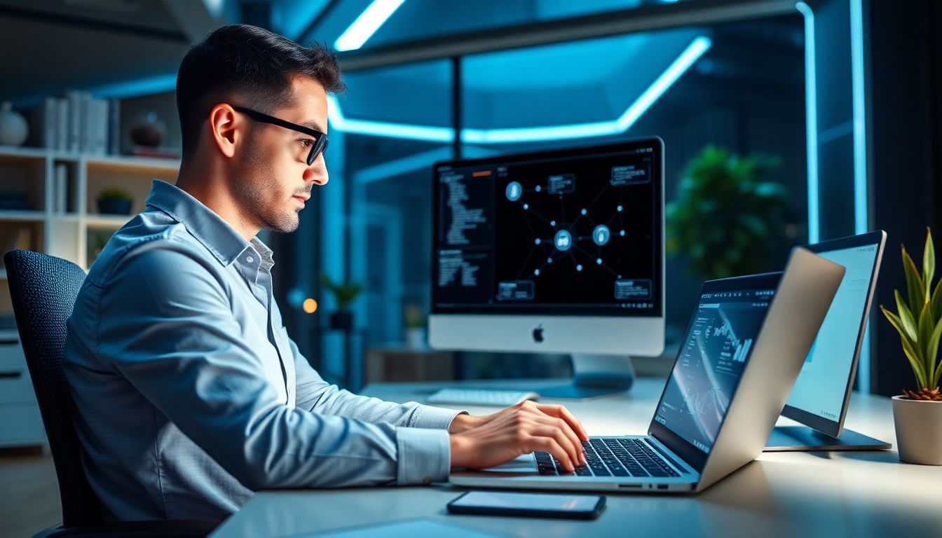 2026년 첨단 홈 오피스에서 자동화 워크플로우를 관리하는 1인 기업가의 모습