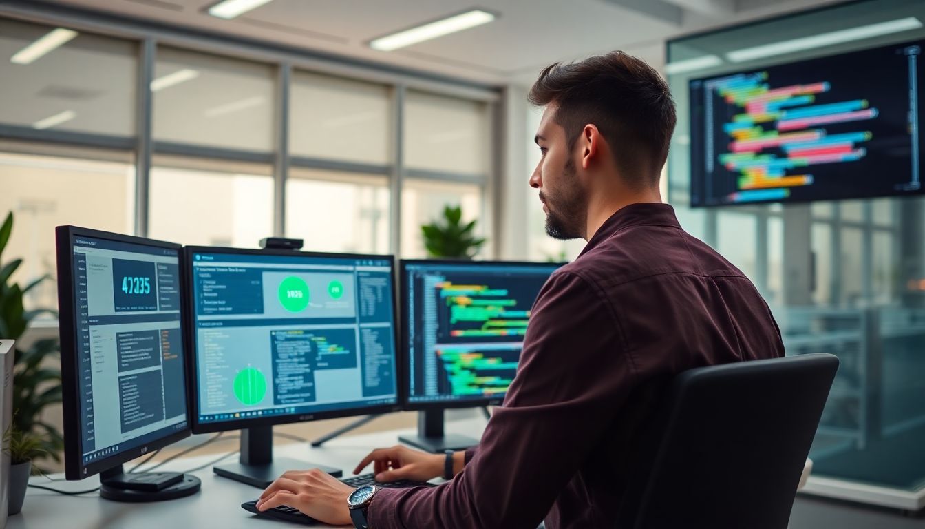 현대적인 사무실에서 클라우드 플랫폼을 통해 신속하게 코드를 배포하는 개발자의 모습