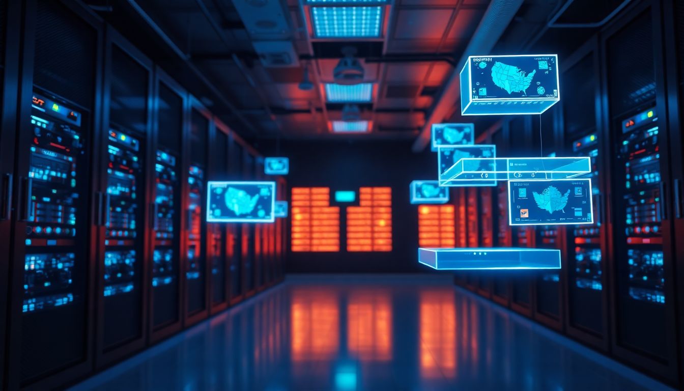 데이터 주권과 비용 절감을 상징하는 보안 서버룸과 디지털 데이터 테이블