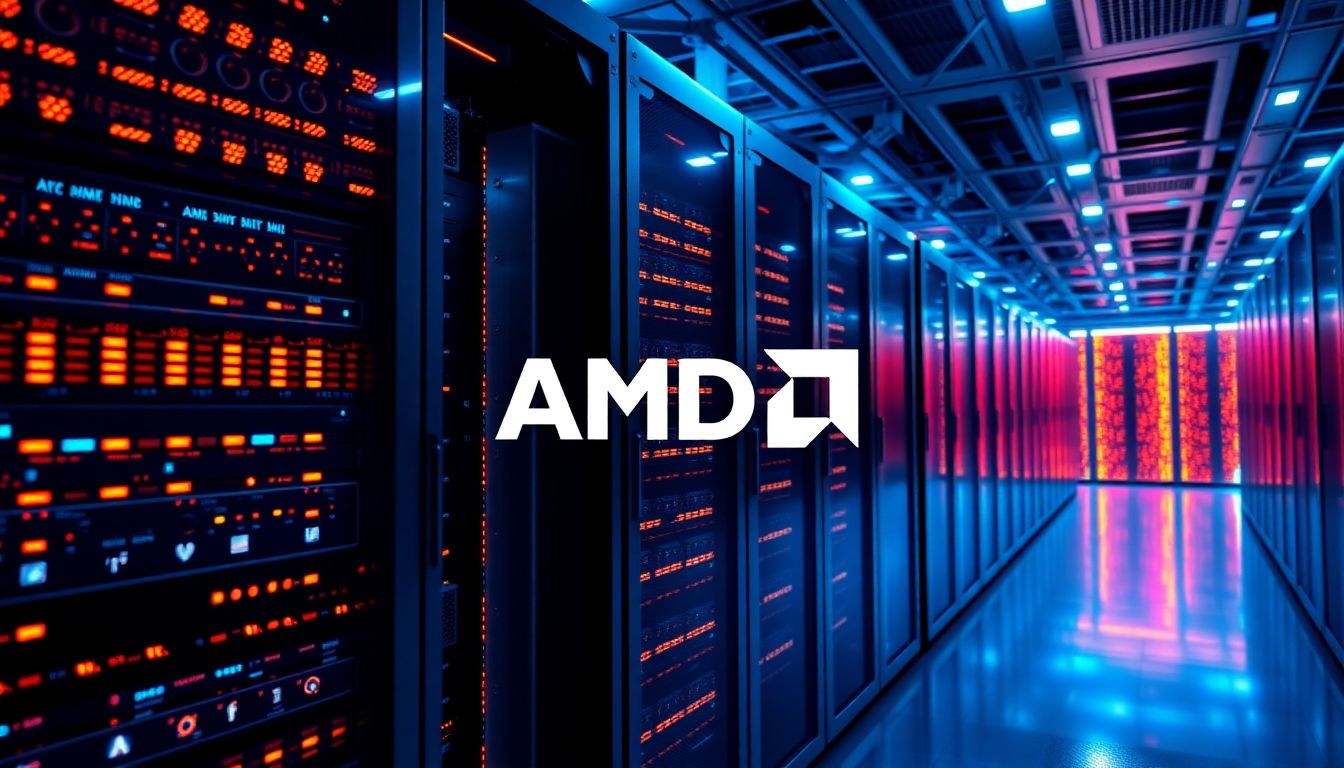 미래지향적인 기업용 데이터센터 내부와 AMD 로고가 어우러진 혁신적인 모습