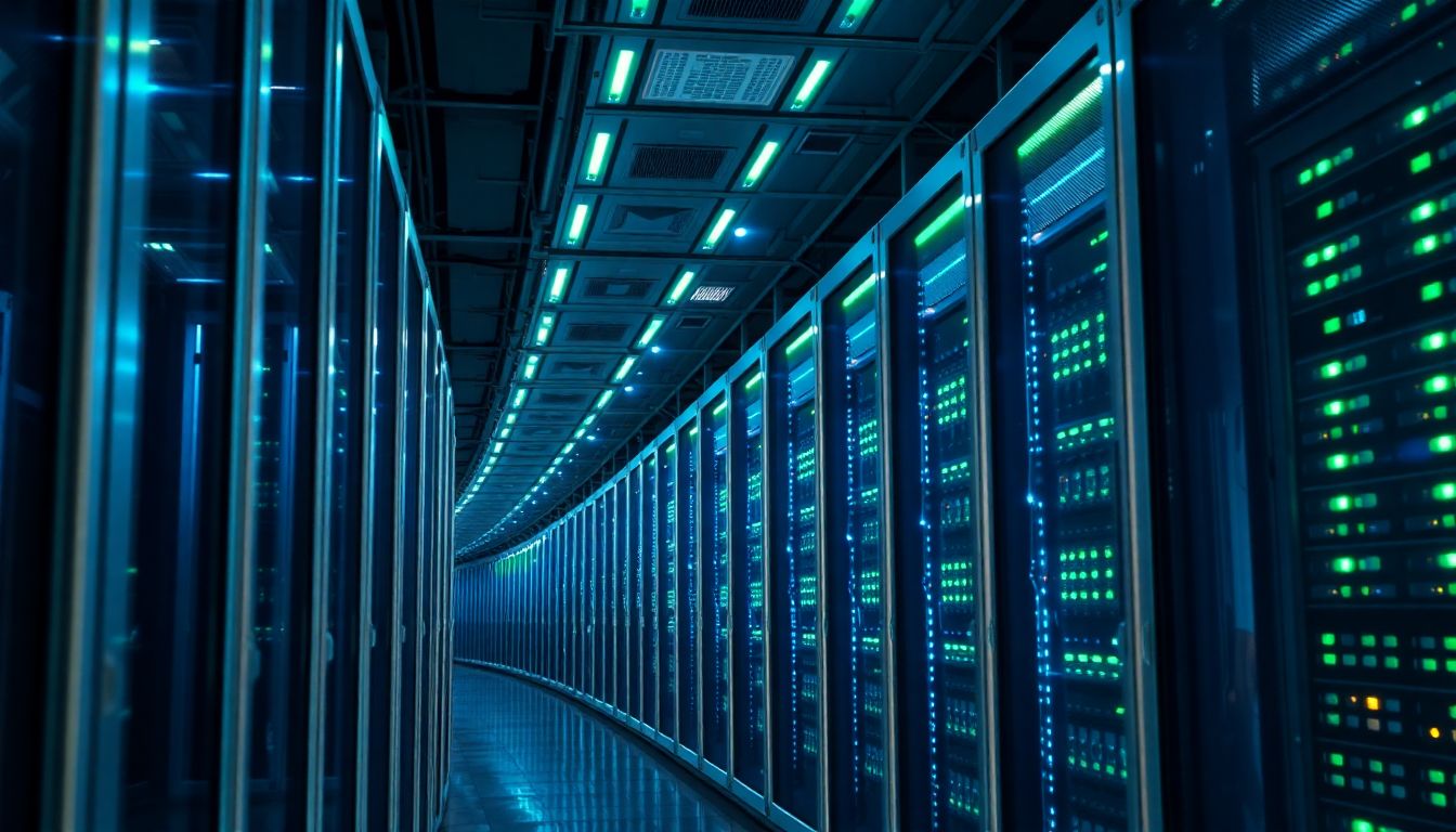 정교하게 관리되는 최첨단 데이터 센터의 서버 랙과 인프라 장비들의 모습