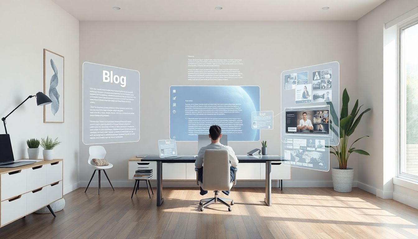 AI 에이전트가 블로그와 숏폼 영상을 자동으로 제작하는 현대적인 홈 오피스 환경