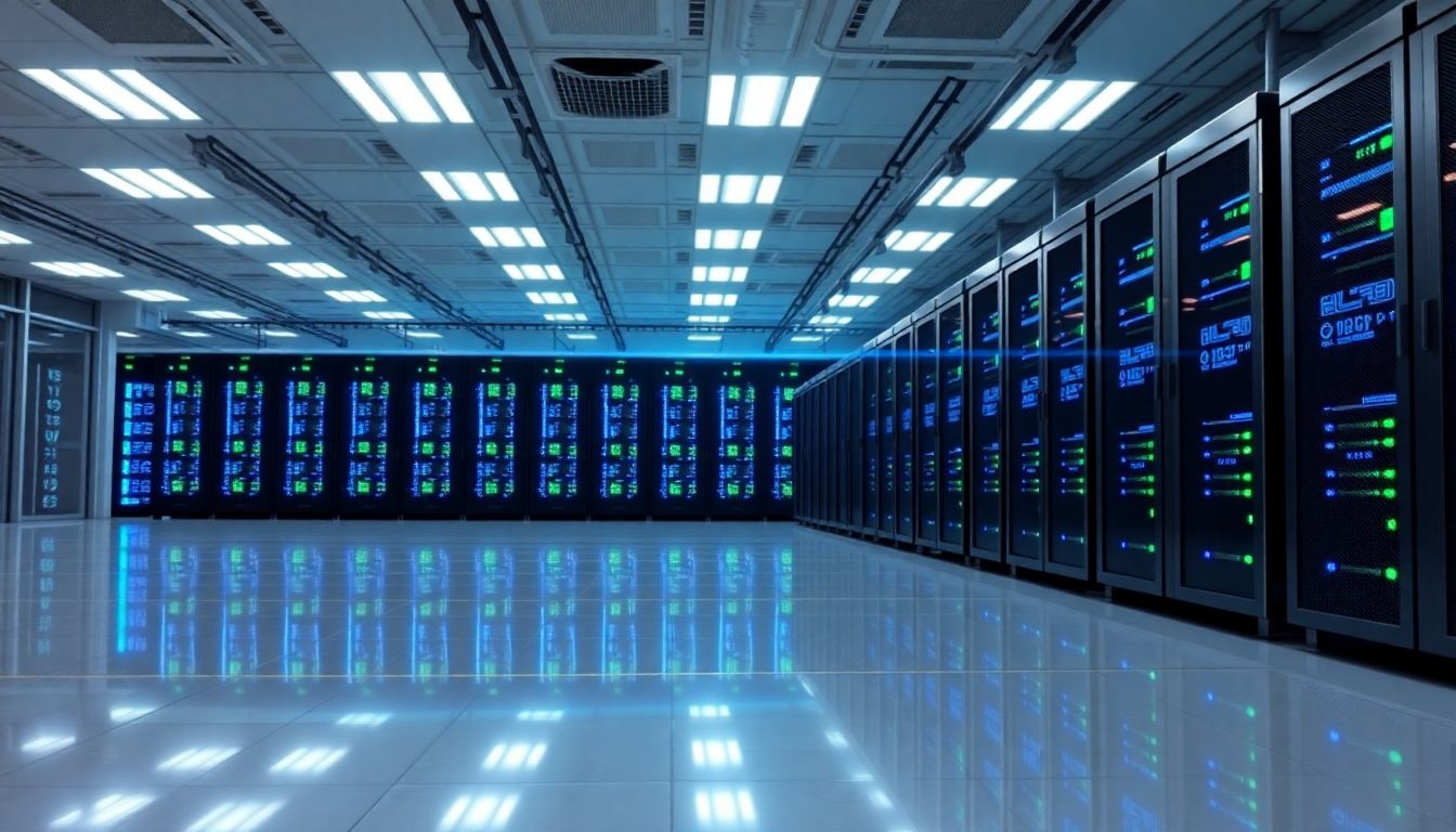 24시간 안정적으로 가동되는 고성능 서버실의 전경